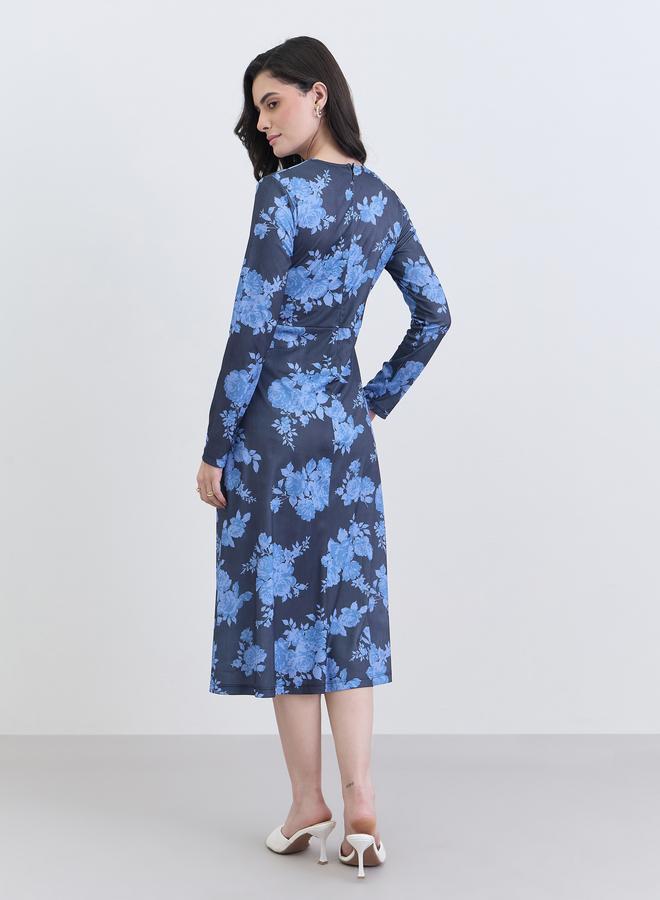 Styli Navy Blue Floral Print A-Line Midi Dress - Image 5